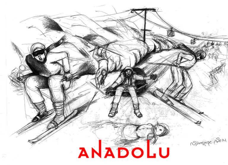 Karakalem İmgesel Kayak Yapan İnsanlar Çizimi