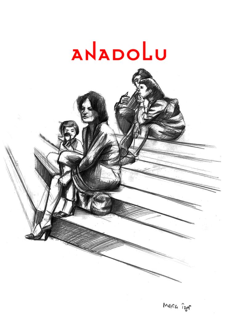 Karakalem Merdivende Oturan Anne Ve Çocuk Çizimi