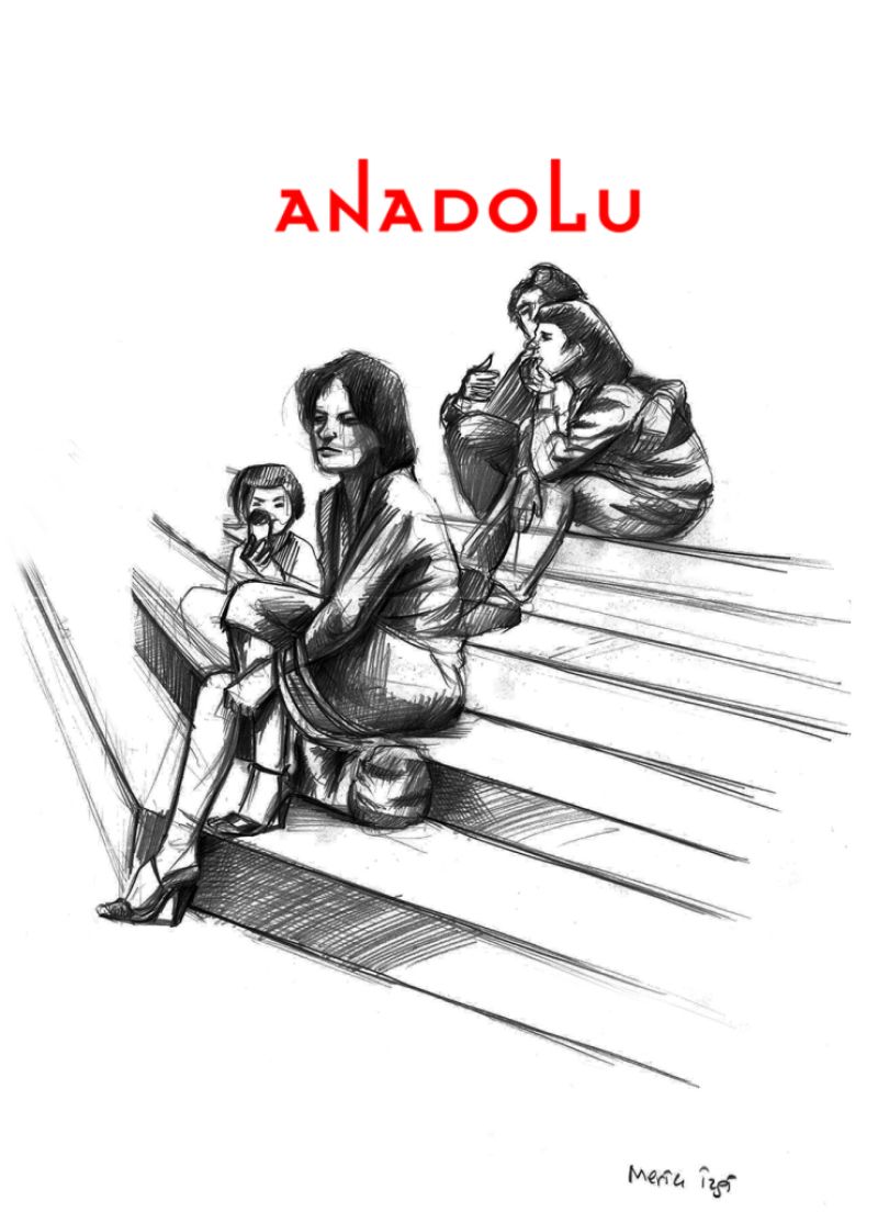 Karakalem Merdivende Oturan Anne Ve Çocuk Çizimi