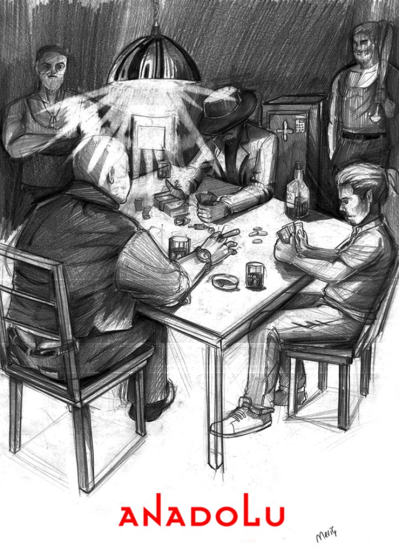 İmgesel karakalem kahvede oyun oynayanlar