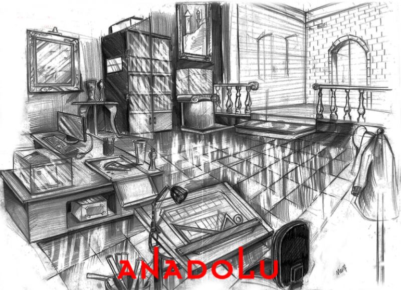 İmgesel Karakalem Bir Çalışma Odası Çizimi